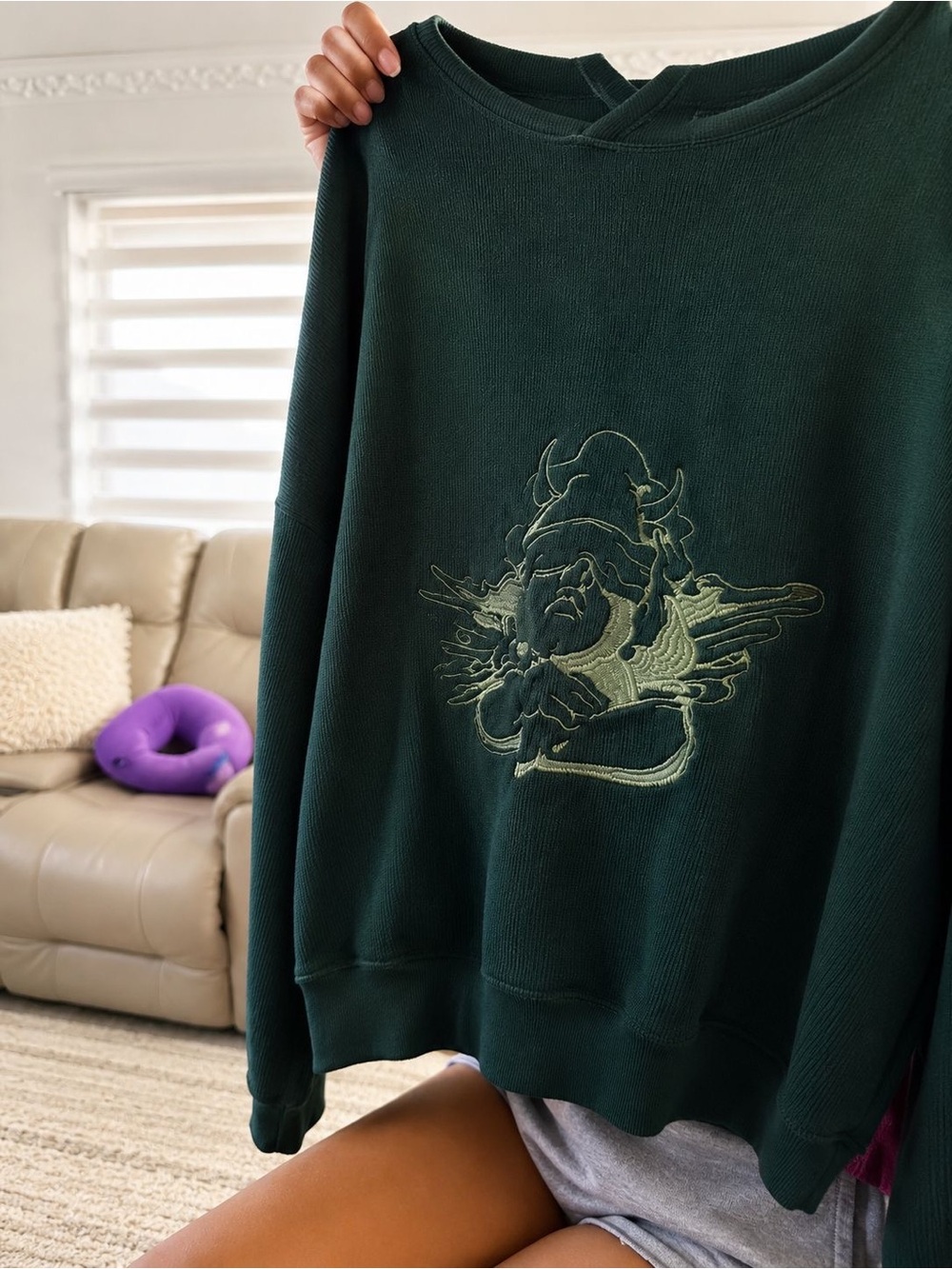 Boys Lie Women's V-Neck Sweater in Dark Green with Light Sage Embroidery